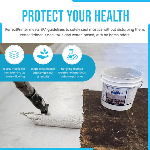 No Muss No Fuss Asbestos Sealer And Floor Primer Encapsulant Locks Down Old Mastic For Epoxies Self Leveling And Tiles Medium Grey One Gallon Rock Solid Grip with roller on flooring.
