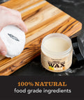 Two In One Wood Care For Cutting Boards And Butcher Block Surfaces With Beeswax And Food Grade Mineral Oil, jar and cloth on board