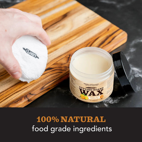 Two In One Wood Care For Cutting Boards And Butcher Block Surfaces With Beeswax And Food Grade Mineral Oil, jar and cloth on board