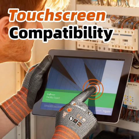 Person using a tablet with 12 Pairs Cut Resistant Work Gloves With PU Coating For ANSI A4 Level Protection, Touchscreen Compatible.