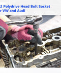 Using T52 socket to secure engine bolt on Audi VW 2.0 FSI TFSI with Beefed Up Camshaft Alignment And Timing Tool Kit