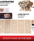 V8 Engine 3D Wooden Puzzle Kit For Adults Hands On 1 6 Scale With 8 Cylinders And 16 Valves box contents and components