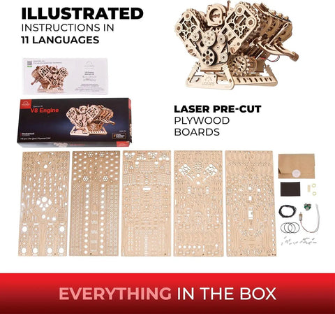 V8 Engine 3D Wooden Puzzle Kit For Adults Hands On 1 6 Scale With 8 Cylinders And 16 Valves box contents and components