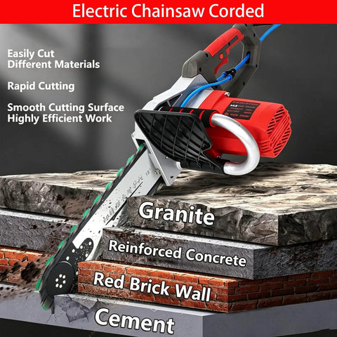 Powerful 5800W 6500W Electric Concrete Saw With Water Fed Dust Suppression And Two Diamond Chains Plus Guide Bar for precise cutting through reinforced concrete and granite.