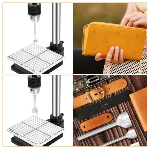 Upgraded Dope Leather Hole Puncher Kit For DIY Crafts Hand Punching Tool With Aluminum Plate And 16 Tools Includes Rivet And Snap Button Installers For Bags Belts Watch Straps And More shown in parts with tools and leather samples