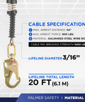 Close-up of 20 Ft Self Retracting Lifeline With Galvanized Cable Swivel Top Housing Three Quarters Inch Load Indicator Hook One Half Inch Carabiner Fall Arrest SRL Yoyo For Industrial Safety ANSI Z359.14-2014 Class B, highlighting cable specifications and a load indicator hook.