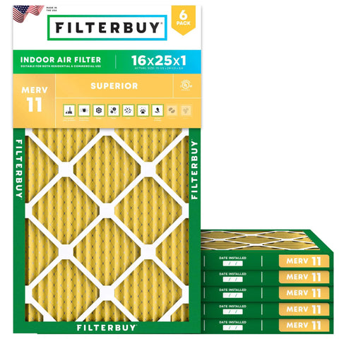 16x25x1 MERV 11 Pleated Air Filter For Pets And Allergies package, showing 6-pack electrostatic HVAC replacement for furnaces