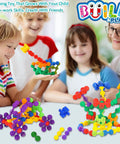 Children playing with Kid Friendly STEM Building Blocks Set 120 Piece Gear Interlocking Toy Kit With Colorful Star Shaped Pieces Safe Plastic Material For Toddlers Aged 3 Plus Educational Construction Toy For Boys And Girls.