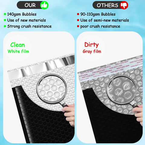 Comparison of 140gsm clean white film vs 90-110gsm dirty gray film in Thank You Bubble Mailers 6x10 Inch 25 Pack