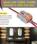 Hella Durable Modular Lever Wire Splitter Connectors For Quick Low Voltage Power Routing To Led Strips And Under Cabinet Install Smooth Operation Foolproof Grip Mechanism used with 12AWG wires.