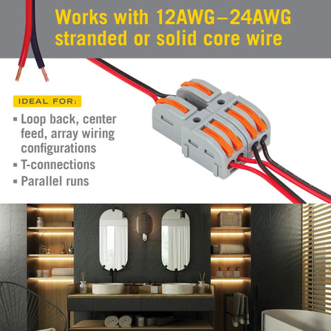 Hella Durable Modular Lever Wire Splitter Connectors For Quick Low Voltage Power Routing To Led Strips And Under Cabinet Install Smooth Operation Foolproof Grip Mechanism used with 12AWG wires.