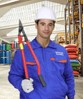 Heavy Duty Strapping Cutter With 24 Inch High Carbon Steel Blade For Steel And Polyester PET Strapping Up To 2 Inch Width And 0.05 Inch Thickness Pro Grade Ergonomic Handle For Comfort And Precision Cutting, worker holding cutter in warehouse