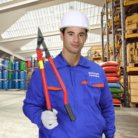 Heavy Duty Strapping Cutter With 24 Inch High Carbon Steel Blade For Steel And Polyester PET Strapping Up To 2 Inch Width And 0.05 Inch Thickness Pro Grade Ergonomic Handle For Comfort And Precision Cutting, worker holding cutter in warehouse