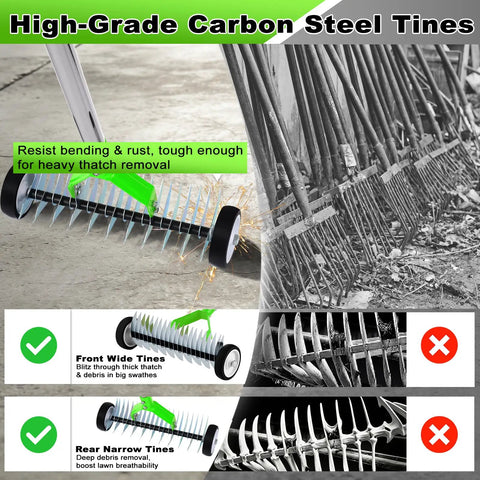 Wheeled Thatch Rake For Lawns, 15.28 Inch Steel Dethatcher With Adjustable 0 To 15 Degree Angle And 62.99 Inch Handle, Heavy Duty Yard Tool For Dead Grass Moss Removal And Lawn Care