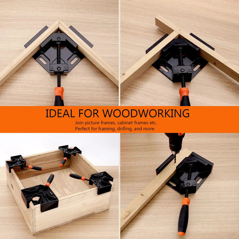 Two Piece Corner Clamp Set for Woodworking, Right Angle 90 Degree Jaws in use, securing wooden frame, adjustable swing jaw