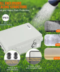 Rugged Weather Resistant Junction Box With Hinged Lid And Stainless Steel Lock ABS Plastic Enclosure IP67 Dust And Waterproof Large 16.93 x 12.99 x 7.09 Inch Interior For Wiring And Electrical Components, white enclosure shown in rain