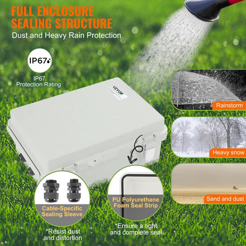 Rugged Weather Resistant Junction Box With Hinged Lid And Stainless Steel Lock ABS Plastic Enclosure IP67 Dust And Waterproof Large 16.93 x 12.99 x 7.09 Inch Interior For Wiring And Electrical Components, white enclosure shown in rain