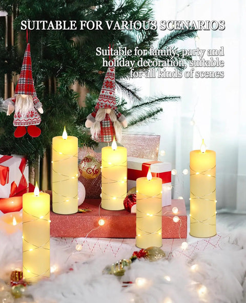 Flickering Flameless Candles With Embedded String Lights, Battery Operated 5 Pack Ivory in holiday setting with decor