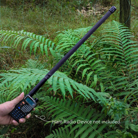 Dual Band VHF UHF 136 520 MHz Foldable CS Tactical Ham Radio Antenna 18.5 Inch SMA Female in use outdoors