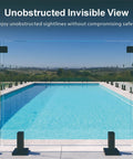 Six Panel Ready To Roll Glass Deck Railing Kit with safety panels, showcasing unobstructed pool view from elevated patio.