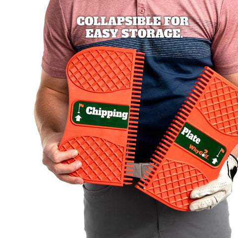 Golfer holding collapsible Chipping Plate Training Tool for a killer short game balance and weight shift improvement on the green.