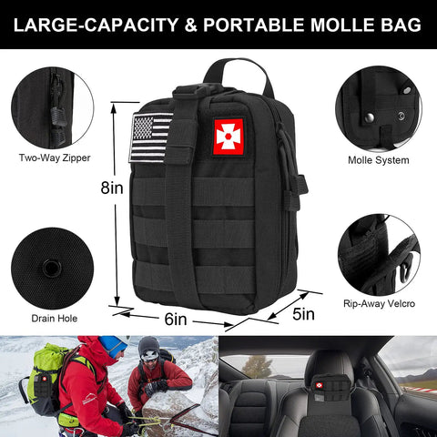 Ultimate Survival First Aid Kit For Men Dads And Adventurers 210 Piece Emergency Gear Set molle bag detailed view