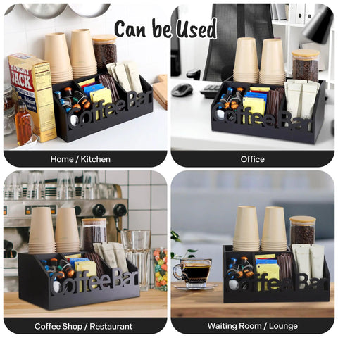 All In One Coffee Bar Organizer For Countertop Wooden Station Caddy With Tray For Pods Cups Condiments And Accessories Kitchen Or Office Counter Storage Medium Size Black Finish displayed in various settings