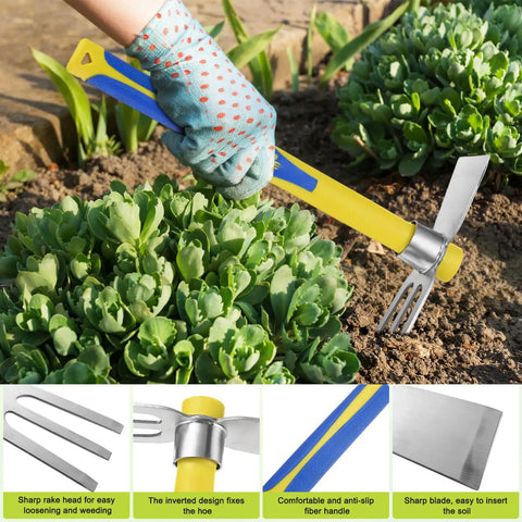 Two Piece Garden Hoe Tools Set With 15.7 Inch Stainless Steel Cultivator Tiller And Pick Mattock Hoe Fiberglass Handle in use
