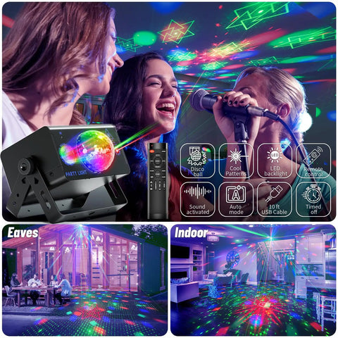 Disco Ball RGB LED Party Light With Remote Control in action, illuminating party with sound activated strobe, auto flash, colorful effects.