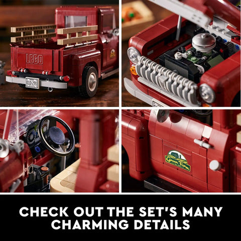 Icons 10290 Pickup Truck Building Set for Adults with Vintage 1950s Style showing realistic details in collage view