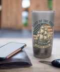 Patriotic Sailboat Stainless Steel Insulated Tumbler For Cold And Hot Beverages Red White And Blue Fourth Of July Gear For Independence Day Perfect Gift For Beach Or Boat Day And American Pride on table with phone and wallet