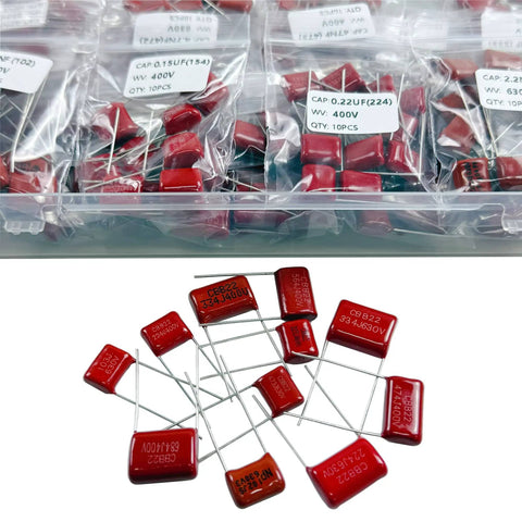Capacitor Kit With 25 Values And 250 Pieces Metallized Polypropylene Film Capacitors CBB22 400V And 630V Assortment shown