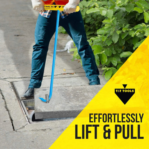 Heavy Duty Handy Hook 30 Inch With Three Eighths Inch Round Pump End lifting a manhole cover