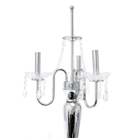 Close-up of the Romantic Sheer Shade Hanging Crystals Table Lamp's chrome base and crystal draping without the shade attached.