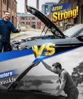 Image showing Before vs After comparison with Budget Friendly Hood Struts For Toyota Camry 2012 2013 2014 2015 2016 2017 And Avalon 2013 2014 2015 2016 2017 2018 Front Bonnet Shocks Lift Supports Replacement OEM 5345006081 6757 2 Pcs Bang For Your Buck All Weather Auto Lift. Upper half shows a man with thumbs up next to a car with hood open strongly, lower half shows a man struggling with weak hood.