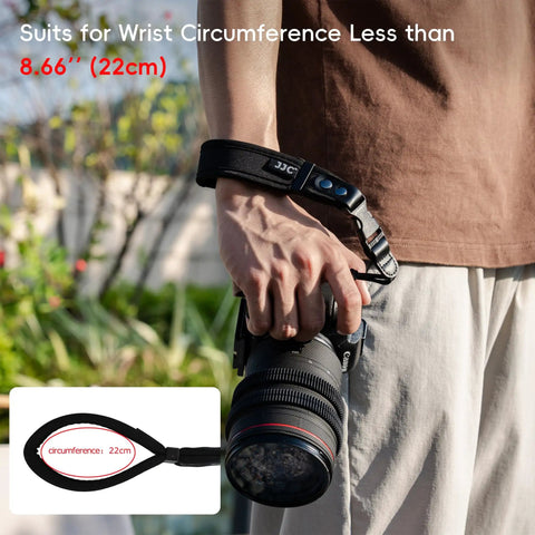 Person using Quick Release Soft Neoprene Camera Hand Wrist Grip Strap For Lightweight DSLRs And Mirrorless Cameras