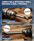 Built Tough 12 Inch Extra Long Drill Bit Set 10 Piece Brad Point Wood Bits for nailing deep holes, showcasing straight and reduced shanks.