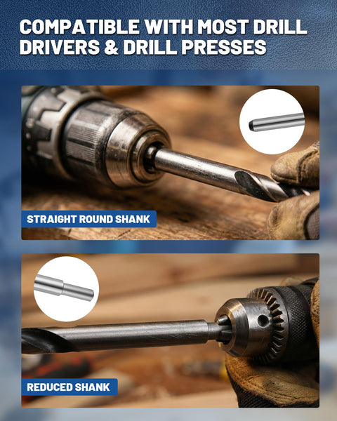 Built Tough 12 Inch Extra Long Drill Bit Set 10 Piece Brad Point Wood Bits for nailing deep holes, showcasing straight and reduced shanks.
