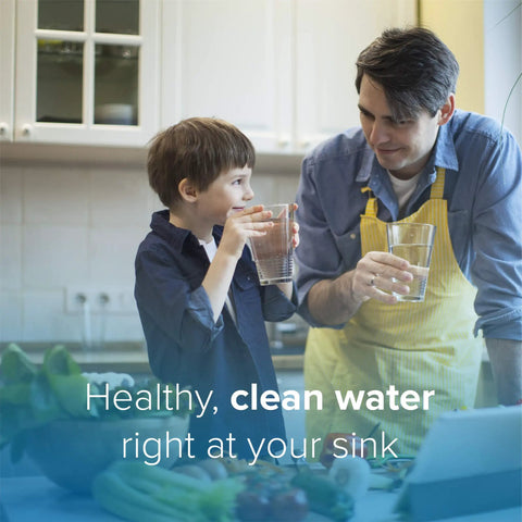 Man and child drinking water in kitchen, illustrating benefits of RF-20 Water Filter Replacement For Circle Under Sink Reverse Osmosis System