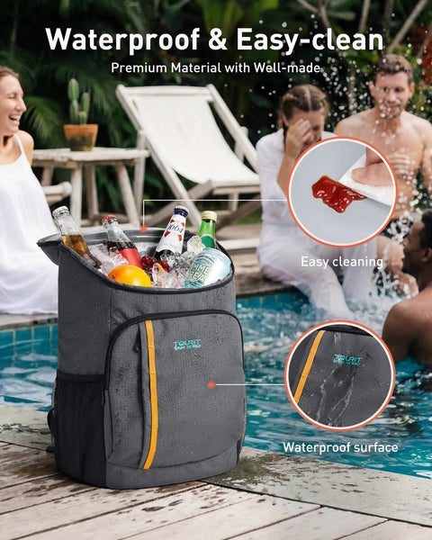 Cooler Backpack For 28 Cans Insulated Leak Proof Lightweight Grab And Go Cooler with waterproof fabric by a poolside