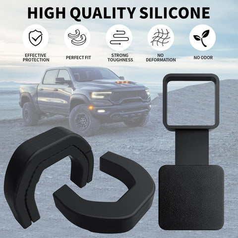 RAM 1500 Towing Hook Cover With Custom Fit For 2019 To 2025 Paired With A 2 Inch Trailer Hitch Receiver Cover in black silicone
