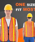 Neon Orange 20 Pack High Visibility Reflective Safety Vests With Lightweight Mesh Breathable Universal Size worn by model front and back view