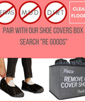 Person wearing Extra Thick Disposable Shoe Covers XL 100 Pack One Size Fits Most With Non Slip Soles For Indoor Outdoor Use Black Professional Grade Booties next to shoe box labeled 'Please Remove or Cover Shoes'