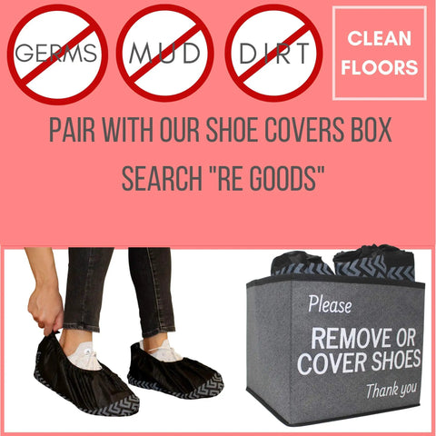 Person wearing Extra Thick Disposable Shoe Covers XL 100 Pack One Size Fits Most With Non Slip Soles For Indoor Outdoor Use Black Professional Grade Booties next to shoe box labeled 'Please Remove or Cover Shoes'