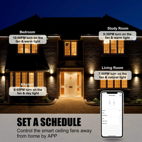 Home exterior with 52 Inch Black Ceiling Fan With Lights For Indoor And Outdoor Use Remote Control Smart Fan schedule shown