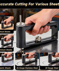 Amazon adjustable sheet metal circle cutter, black handheld tool for 2 to 12 in holes in 24ga steel and 26ga stainless