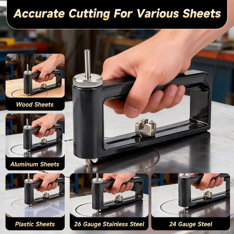 Amazon adjustable sheet metal circle cutter, black handheld tool for 2 to 12 in holes in 24ga steel and 26ga stainless