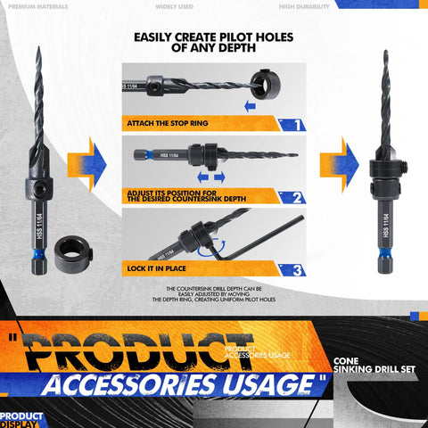 Steps on using 15 Piece Countersink Drill Bit Set With 2 Wood Plug Cutters 3/8 And 1/2 Inch shown with adjustment details