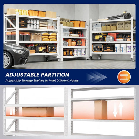 Badass 4000 Lbs Rolling Garage Shelving Rack With Heavy Duty Swivel Wheels And Fully Adjustable 4 Tier Design showcasing adjustable shelving space in a workshop.