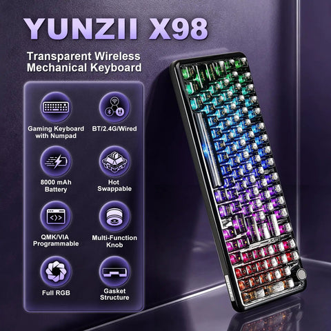 Badass Tri Mode Wireless Mechanical Gaming Keyboard With Comfy Gasket Mod And Hot Swappable Linear Switches featuring RGB lighting and a volume knob.